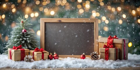 Wall Mural - Christmas blackboard with presents against blurred background with bokeh and falling snow, Christmas