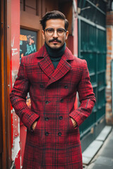 Poster - A man in a red plaid coat standing on a city street