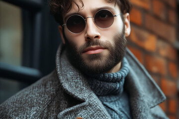 Canvas Print - A man with a beard wearing a gray coat and sunglasses