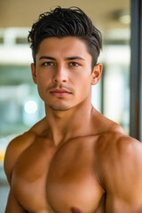 Canvas Print - A shirtless young man posing for a picture in front of a window.