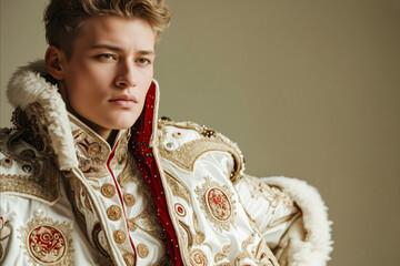 Canvas Print - A young man in a white and gold jacket with a fur collar