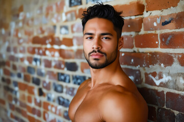 Canvas Print - A shirtless man leaning against a brick wall