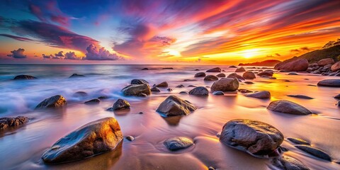 Wall Mural - Long exposure photo of rocks on beach with vibrant sunset colors in the background, rocks, beach, sunset, long exposure