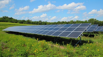 A field of solar panels installed in a green landscape under a blue sky with clouds, representing clean and renewable energy.