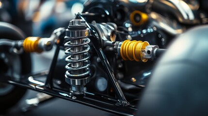 Aufkleber - A detailed view of a high-performance shock absorber and suspension parts showcased at an automotive exhibition.