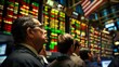 © iamtopkritsada - Businessmen at a stock market trading floor, focused on large electronic boards displaying financial data under the American flag.