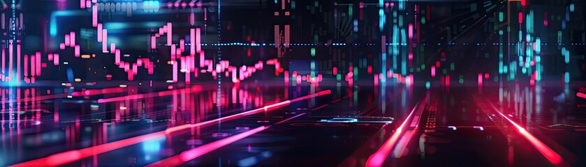 Poster - Futuristic digital landscape featuring vibrant neon colors and abstract data visuals, ideal for technology and innovation themes.