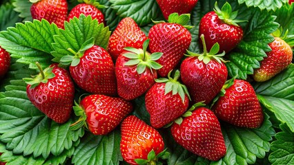 Wall Mural - Juicy, red strawberries on a bed of green leaves, fresh, fruit, organic, ripe, sweet, healthy, vibrant, nutrition, delicious