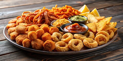 Wall Mural - Close up of assorted crispy fried snacks on a platter , fried, snacks, savory, delicious, appetizer, crispy