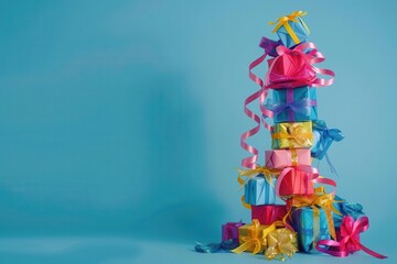 Wall Mural - whimsical tower of colorful gift boxes teetering precariously tied with flowing ribbons and bows