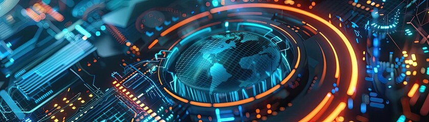 Aufkleber - A futuristic digital design featuring a glowing globe, circuits, and vibrant lights, perfect for technology and innovation themes.