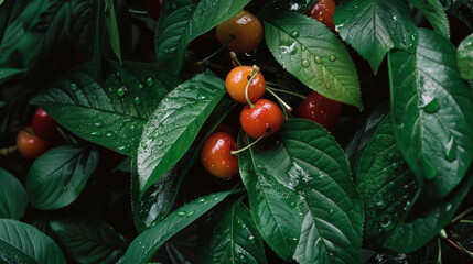 Poster - Fresh cherries with glistening dew drops nestled among glossy green leaves, creating a delightful and vibrant nature scene.