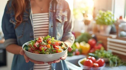 Skinny Woman Enjoying a Healthy Salad Meal in a Bright Modern Kitchen