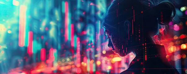 Poster - A mysterious silhouette against vibrant neon lights, embodying the fusion of technology and human emotion.