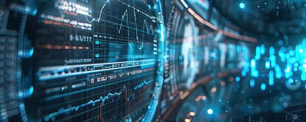 Poster - Futuristic data visualization with glowing blue elements and intricate graphs, ideal for finance and technology themes.