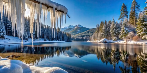 Sticker - Winter wonderland with icicles and snow at the mountains in Bavarian Forest at Gro?er Arbersee, Bavarian Forest, Germany, winter