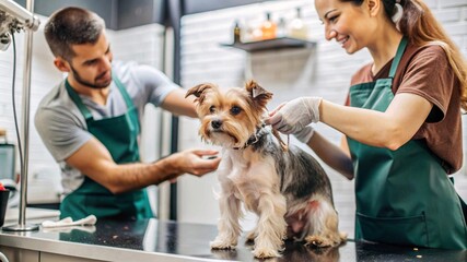 Wall Mural - Happy Dog Grooming Session. A cheerful dog grooming session with a small dog on a grooming table, being pampered by two smiling pet groomers. 