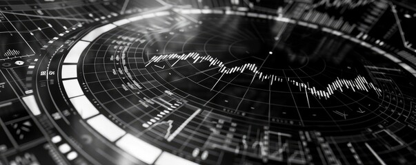 Poster - Abstract digital interface displaying data analytics and financial graphs in a sleek black and white design.