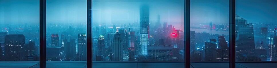 Poster - A moody night skyline view through a glass window, illuminated by city lights and a hint of mist in the atmosphere.