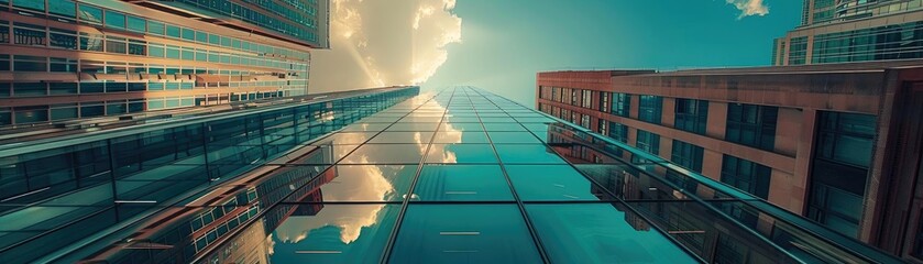 Poster - A stunning perspective of modern architecture, showcasing glass buildings reflecting a vibrant sky, ideal for cityscapes.