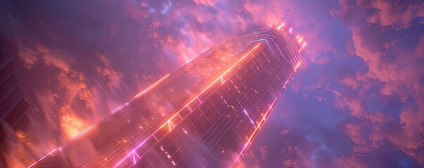 Aufkleber - A futuristic tower illuminated by vibrant neon lights against a dramatic, colorful sky, creating a surreal atmosphere.
