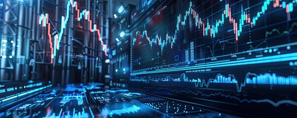 Poster - Dynamic financial trading screen displaying various data metrics, graphs, and indicators in a digital interface.