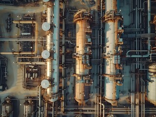 Poster - aerial shot of an intricate oil refinery with large storage tanks and complex pipeline systems showc