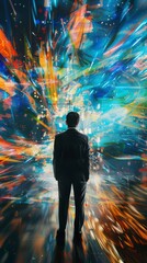 Canvas Print - young businessman in front of a dynamic abstract scene.