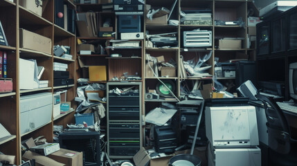 A cluttered room filled with various electronics, books, and papers highlights the chaotic yet intriguing nature of a storage or work space.