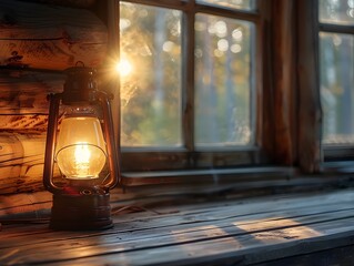 Poster - Traditional Oil Lamp Casting Warm Light in Rustic Cabin Cozy Winter Atmosphere Scenic Nature Landscape