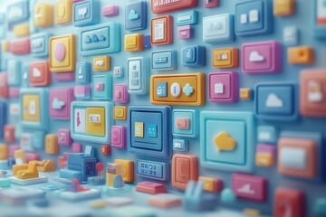 Poster - marketing online with advertising platform: a futuristic 3d render of various platforms used for onl