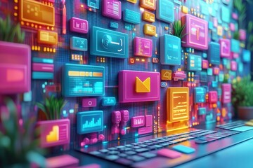 Poster - marketing online with advertising platform: a futuristic 3d render of various platforms used for onl