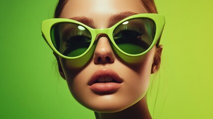 Front view with green cat-eye glasses on green background