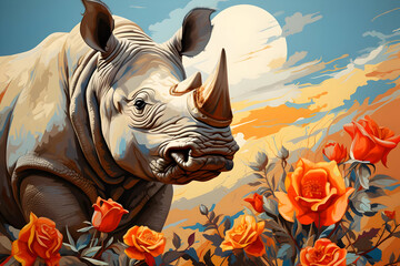 Poster - White Rhino Illustration with Orange Roses