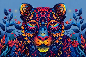 Wall Mural - Vibrant Leopard Illustration with Floral Background