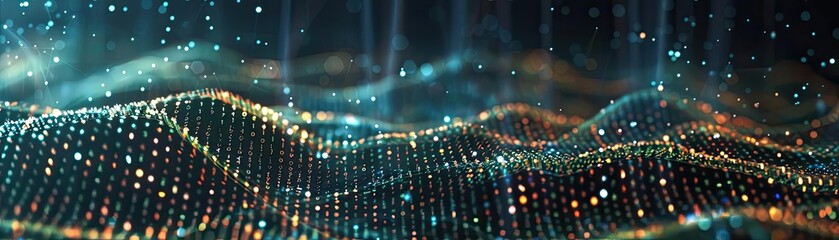 Poster - Abstract digital landscape with glowing particles creates a mesmerizing visual effect, perfect for tech and innovation themes.