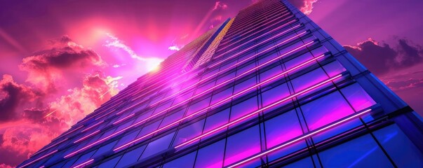 Wall Mural - A stunning view of a modern skyscraper illuminated by vibrant purple and pink lights against a dramatic cloudy sky.