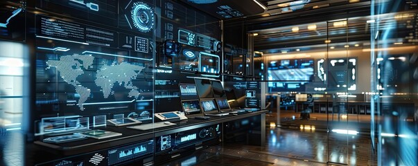 Aufkleber - Futuristic control room with digital screens, data interfaces, and advanced technology creating a high-tech environment.