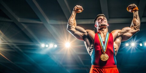 Champion Wrestler with Gold Medal in Stadium. A victorious wrestler stands strong in a stadium, holding up his arms in triumph while wearing gold medals around his neck.