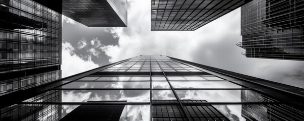 Poster - Stunning black and white perspective of modern skyscrapers reflecting clouds in a dynamic urban skyline.