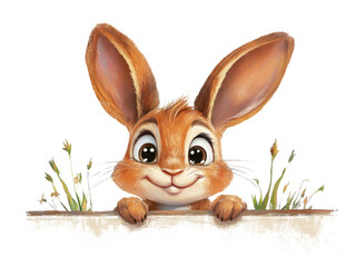 A cute cartoon rabbit with big ears peeking over a wall with grass growing, showcasing its curious and playful nature in a whimsical style.