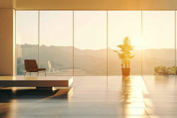 Poster - A modern and minimalist living room bathed in warm golden sunlight, featuring large glass windows, a comfortable chair, and a potted plant.