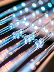 Poster - A macro photograph showing illuminated fiber-optic wires in vibrant blue tones, representing the speed and efficiency of modern communication systems.