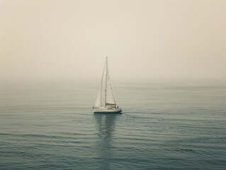 Wall Mural - Sailboat Gliding Through Tranquil, Foggy Waters During Early Morning Hours