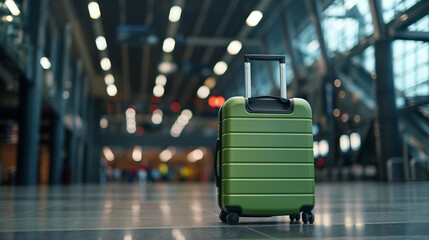 vibrant green travel suitcase in a bustling airport, durable luggage designed for frequent travelers