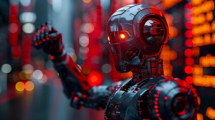 Poster - Futuristic Robot Standing Amidst a High-Tech Data Center With Red Lighting