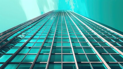 Poster - A striking view of a modern skyscraper captured from below, showcasing its glass facade against a vibrant turquoise sky.