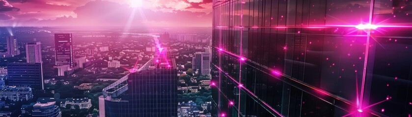 Aufkleber - Vibrant city skyline at sunset with glowing lights and colorful reflections on modern buildings, creating a futuristic atmosphere.
