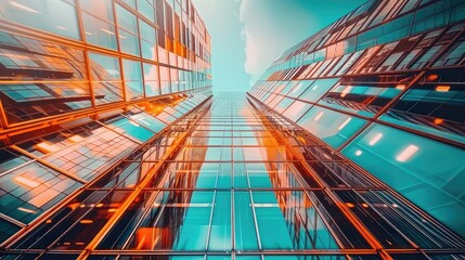 Poster - A stunning perspective of modern architecture, showcasing glass buildings reflecting vibrant colors against a clear sky.