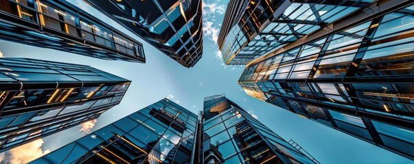 Poster - A stunning view of modern skyscrapers reaching towards the sky, reflecting clouds and light in a vibrant urban setting.